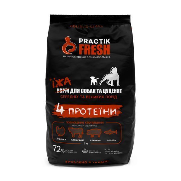 Їжа для собак середніх і великих порід та цуценят &laquo;4 протеїни&raquo; Practik Fresh 1D4F430 фото
